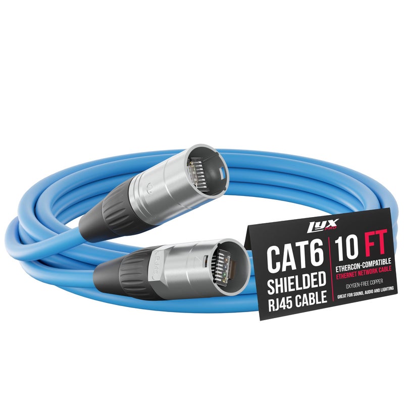 LyxPro 10 Feet Shielded CAT6 Ethercon Cable - Professional Audio & Lighting RJ45 Cable, Studio-Grade Sound Transmission, Extreme Durability - Blue - Image 1